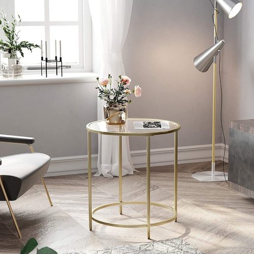 Kontrollera Runt sidobord i glas VASAGLE BARIS LGT20G guldfärgat 50 cm