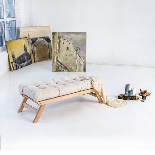Kontrollera Stoppad bänk WoodMan Allegro, krämfärgad, bokträ, 140 cm, WUA-00937