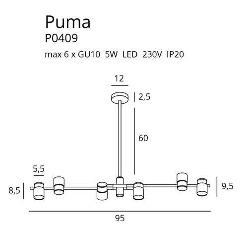 Kontrollera Pendant Light Max Light Puma P0409 6-Light Gold Black Metal 95 cm