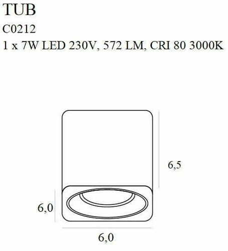 Kontrollera Plafond Max Light Tub C0212 svart metall 6,5 cm LED 7W fyrkantig