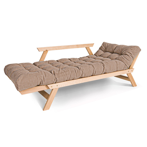 Kontrollera Bäddsoffa ALLEGRO WoodMan oljad bok, beige tyg, bäddmått 200x80 cm
