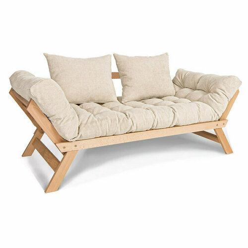 Kontrollera WoodMan Allegro bäddsoffa – massiv bok, futonmadrass 80x200 cm, krämfärgat tyg, WUA-00375