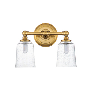 Elstead Huguenot Lake badrumsvägglampa 2 ljuskällor – brunerad mässing, bubbelglas, IP44, 2xG9 LED 3W 3000K, 33 cm, FE-HUGOLAKE2BATH-BB small 1