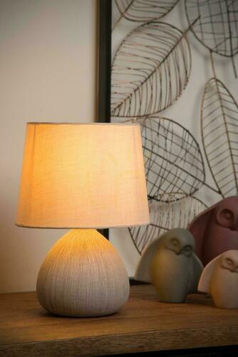 Kontrollera Lucide RAMZI bordslampa i beige keramik med bomullsskärm, E14, 26 cm, 47506/81/38