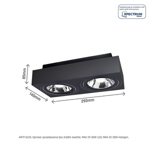 Mirora Ar111 X2 Utanpåliggande Gu10 250 V Ip20 293 X145 X 85mm Svart Rektangulär Rörlig small 5