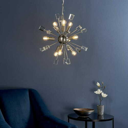 Kontrollera Endon Miro pendellampa, 9×E14, satin nickel och kristall, 50 cm