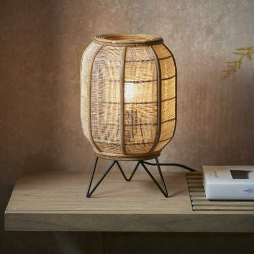 Kontrollera Bordslampa Endon Zaire svart beige stål trä tyg E27 33,5 cm