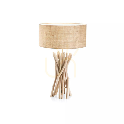 Kontrollera Bordslampa Ideallux Driftwood TL1 trä tyg Ø40 cm 129570