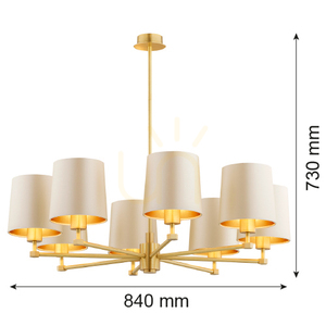 Ljuskrona Argon PRINCETON 5071 beige med guldfodrade skärmar, borstad mässing, 8×E27, ø84 cm small 8