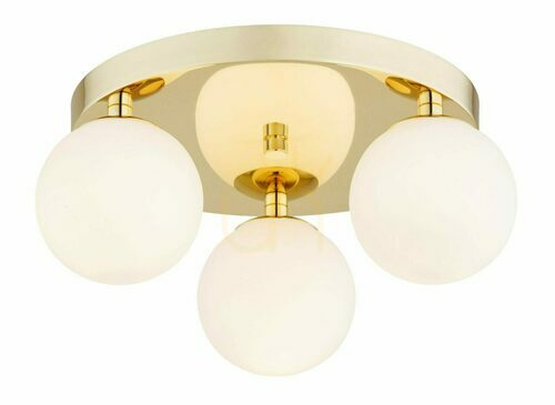 Kontrollera Plafond Argon FLAVIO 1413 mässing, 3 vita klot av opalglas, 3xE14 IP44, 34 cm