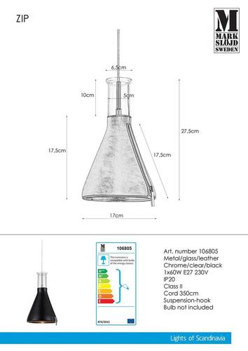 Kontrollera Pendant Light Markslöjd Zip 106805 krom svart läder transparent glas E27