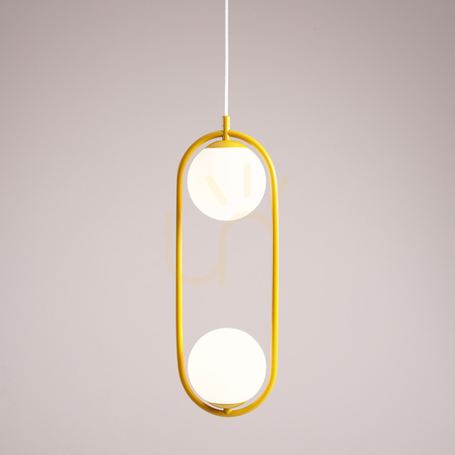 Kontrollera Pendellampa Aldex Riva 2 Mustard 1086H14 – senapsgul ram, 2 vita glasklot, 2x E14
