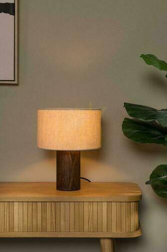 Kontrollera Lucide TACHINA 06526/81/70 bordslampa, naturfärgat linne och brunt trä, E27, Ø 25 cm