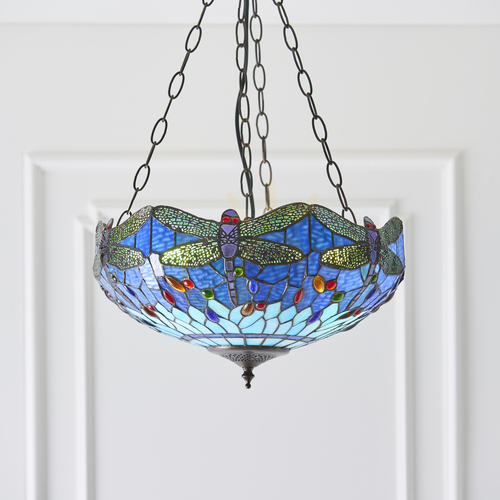 Kontrollera Pendellampa Interiors Dragonfly Tiffany blå glas 3-ljus E27 41 cm 64075