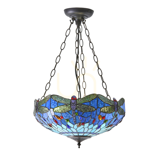 Kontrollera Pendellampa Interiors Dragonfly Tiffany blå glas 3-ljus E27 41 cm 64075