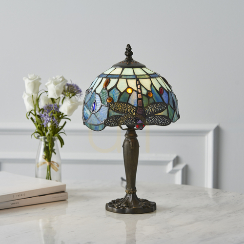 Kontrollera Bordslampa Interiors Dragonfly Tiffany blå 20 cm 64088