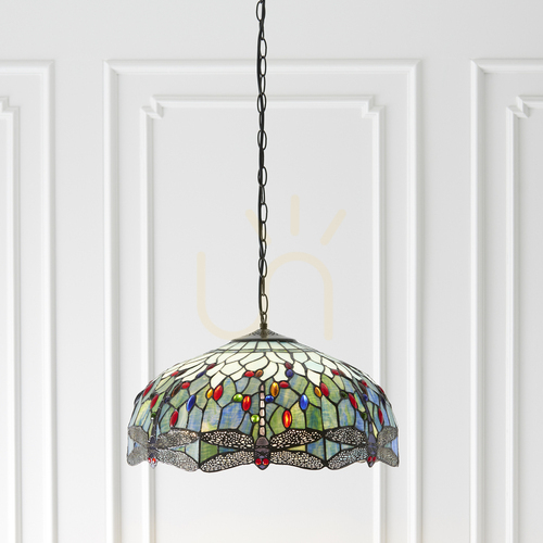 Kontrollera Pendellampa Interiors Dragonfly Tiffany blå glas 3 ljuspunkter 50 cm 66148