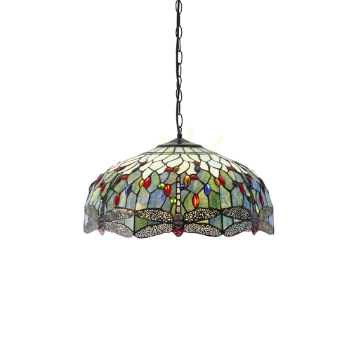 Kontrollera Pendellampa Interiors Dragonfly Tiffany blå glas 3 ljuspunkter 50 cm 66148