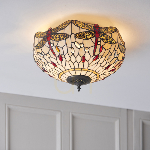 Kontrollera Plafond Interiors Dragonfly Tiffany Beige Glas 2-Ljus 41 cm 70723