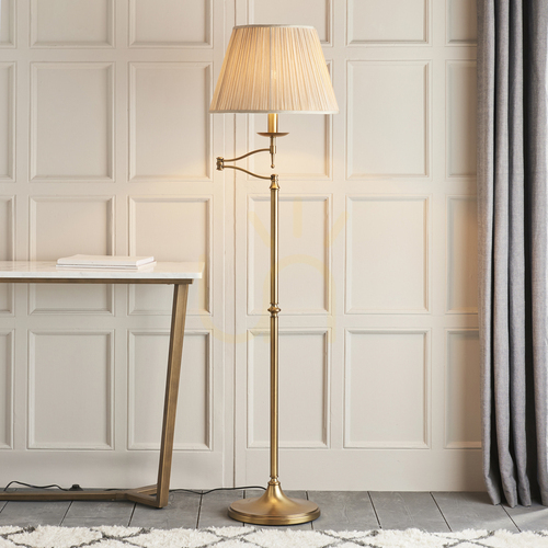 Kontrollera Golvlampa Interiors Stanford mässing 160 cm E27 svart kabel beige skärm 63621