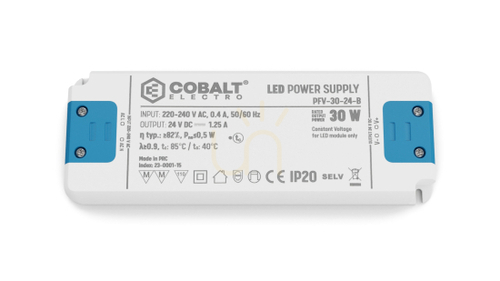 Kontrollera CobaltElectro PFV 24V 30W IP20 B LED strömförsörjning.