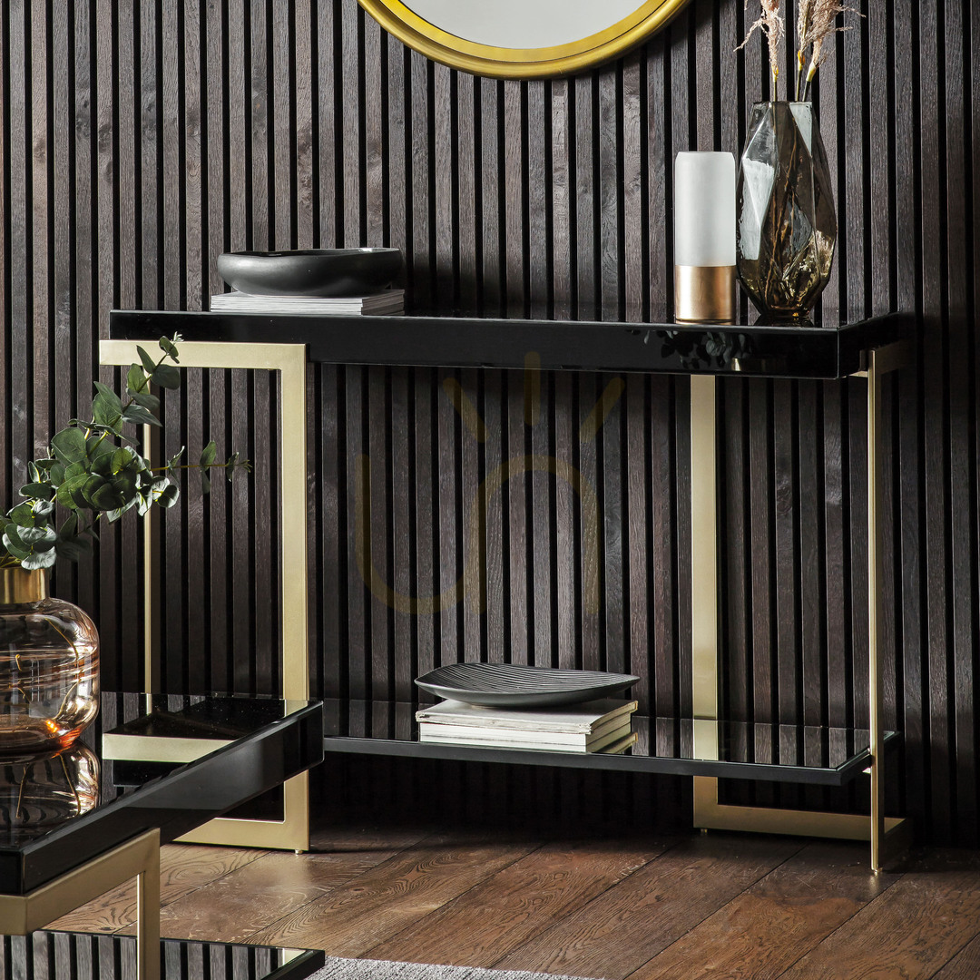 Utsikt Konsolbord Gallery Direct Ardella svart/guld glas järn 120 cm Konsolbord Gallery Direct Ardella svart/guld glas järn 120 cm
