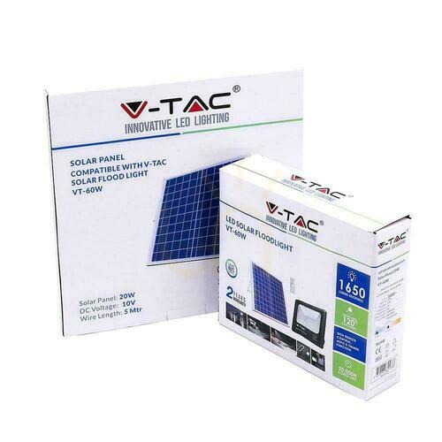 Kontrollera V-TAC 20W Solar LED-projektor svart IP65, fjärrkontroll, timer VT-60W 4000K 1650lm