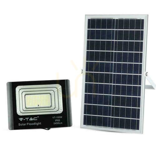 Kontrollera V-TAC 35W Solar LED-projektor svart IP65, fjärrkontroll, timer VT-100W 6000K 2450lm