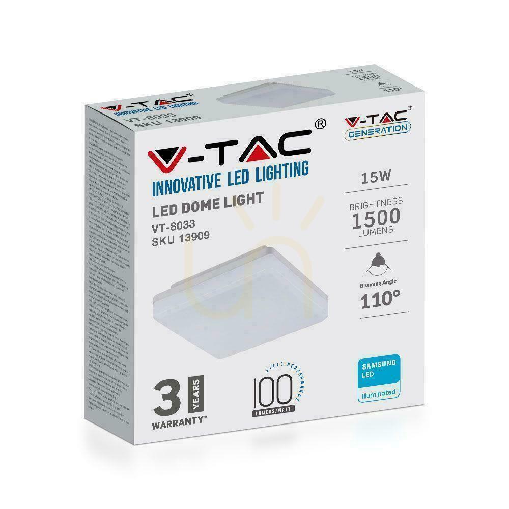 Visa Surface Plafond Square V-TAC 15W LED SAMSUNG CHIP IP44 100Lm/W VT-8033SQ 6400K 1500lm 3 års garanti Surface Plafond Square V-TAC 15W LED SAMSUNG CHIP IP44 100Lm/W VT-8033SQ 6400K 1500lm 3 års garanti