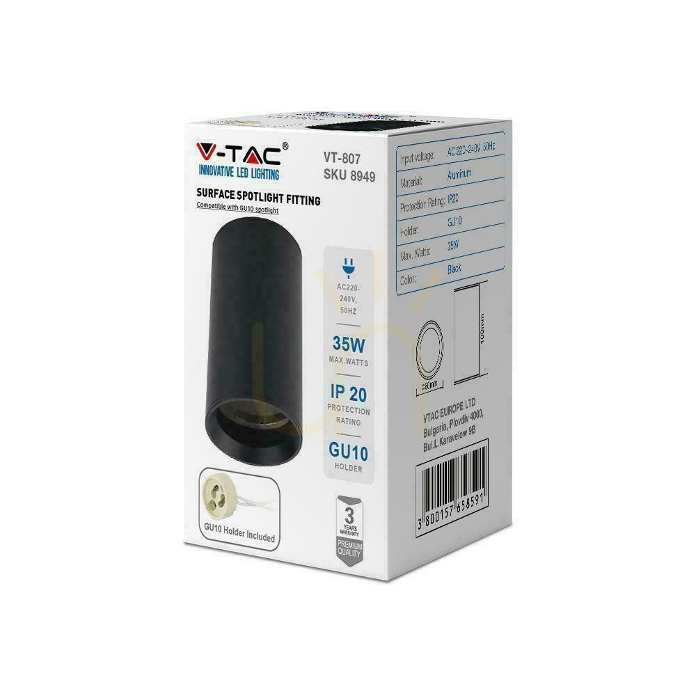 Visa V-TAC Aluminium GU10 Rund Ytmonterad Rör Svart 60x100mm VT-807-B 3 års garanti V-TAC Aluminium GU10 Rund Ytmonterad Rör Svart 60x100mm VT-807-B 3 års garanti