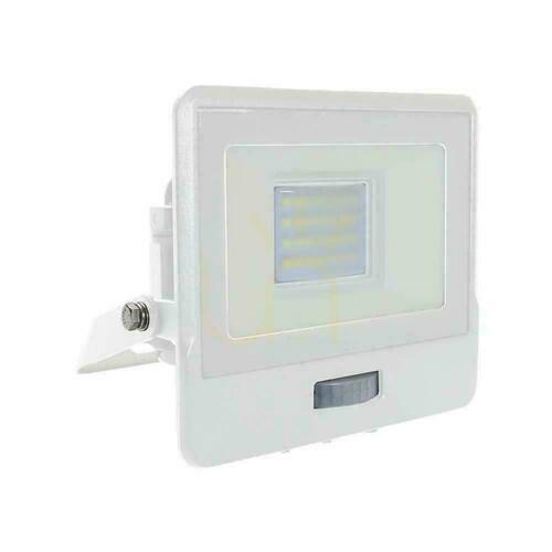Kontrollera V-TAC 20W LED-projektor SAMSUNG CHIP rörelsesensor vit med MUFa VT-128S 6500K 1510lm 5 års garanti