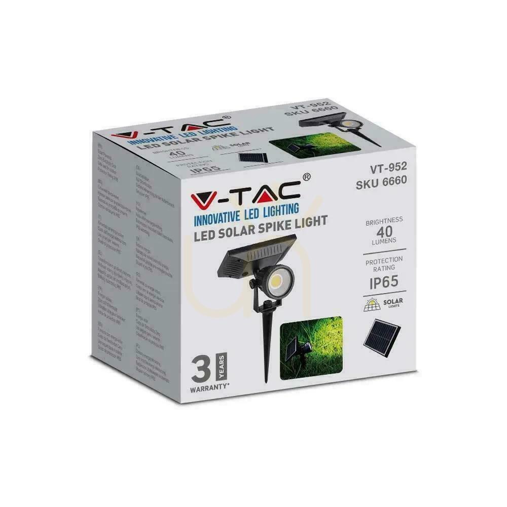 Utsikt LED V-TAC Solar 2W IP65 VT-952 6400K 40lm jordad trädgårdsarmatur med drivning 3 års garanti LED V-TAC Solar 2W IP65 VT-952 6400K 40lm jordad trädgårdsarmatur med drivning 3 års garanti