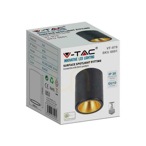 Kontrollera V-TAC GU10 runda utanpåliggande rör svart+guld 98x118mm VT-978RD 3 års garanti