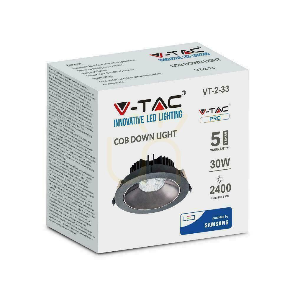Display Downlight V-TAC SAMSUNG CHIP 30W Svart Tilt VT-2-33 6400K 2400lm 5 års garanti Downlight V-TAC SAMSUNG CHIP 30W Svart Tilt VT-2-33 6400K 2400lm 5 års garanti