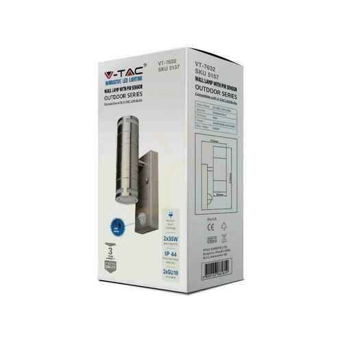 Kontrollera Vägglampa för trädgård V-TAC GU10 Rörelsesensor IP44 Syrastål VT-7632S 3 års garanti