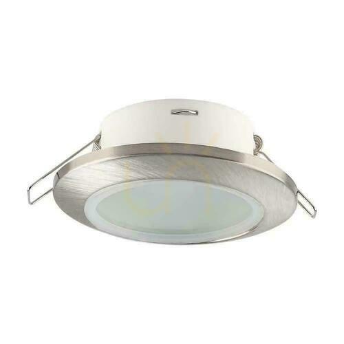 Kontrollera Mesh V-TAC GU10 infälld rund läckagesäker med glas IP44 Satin VT-981 3 års garanti