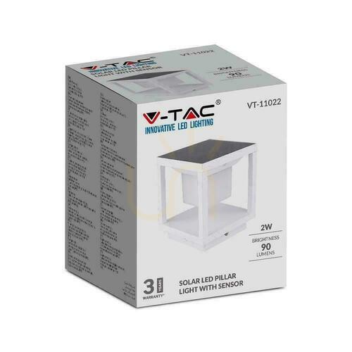 Kontrollera Trädgårdsstolpe Solar V-TAC 2W LED rörelsesensor IP65 vit VT-11022 3000K 90lm 3 års garanti