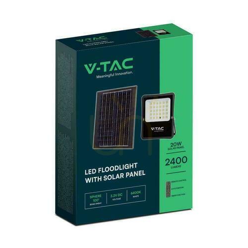Kontrollera V-TAC 20W Solar LED-projektor Fjärrkontroll, AUTO, Timer IP65 VT-55300 6400K 2400lm
