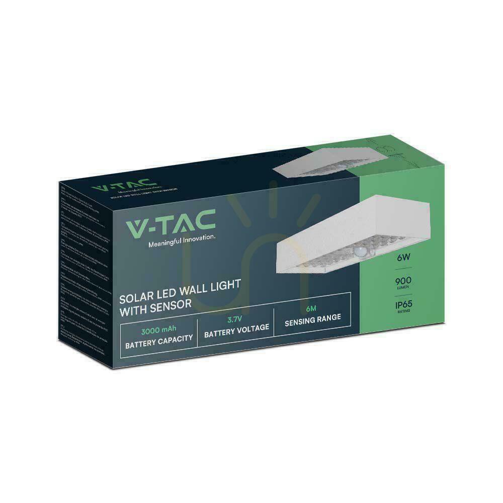Utsikt V-TAC 6W rörelsesensor vit VT-406 4000K 900lm väggmonterad solcellslampa för trädgård. V-TAC 6W rörelsesensor vit VT-406 4000K 900lm väggmonterad solcellslampa för trädgård.