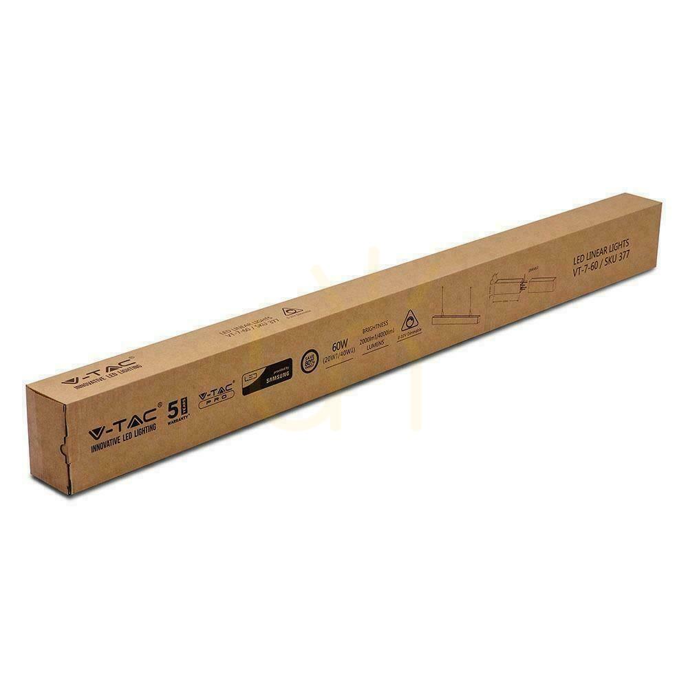 Visa V-TAC LED linjär SAMSUNG CHIP 60W Top Down anslutningsbar taklampa vit 120cm VT-7-60 4000K 6000lm 5 års garanti V-TAC LED linjär SAMSUNG CHIP 60W Top Down anslutningsbar taklampa vit 120cm VT-7-60 4000K 6000lm 5 års garanti