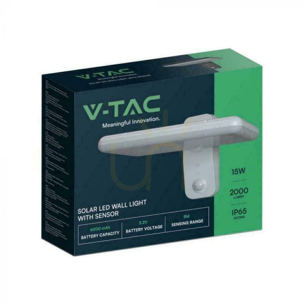 Förhandsvisning V-TAC 15W CCT rörelsesensor IP65 vit VT-414 4000K-6000K 2000lm väggmonterad solcellslampa för trädgård. V-TAC 15W CCT rörelsesensor IP65 vit VT-414 4000K-6000K 2000lm väggmonterad solcellslampa för trädgård.