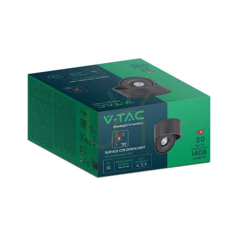 Kontrollera Ytmonterad downlight V-TAC 20W Tilt CRI90 CCT Svart VT-2825 3000K-4000K-6400K 1408lm. Ytmonterad downlight V-TAC 20W Tilt CRI90 CCT Svart VT-2825 3000K-4000K-6400K 1408lm.