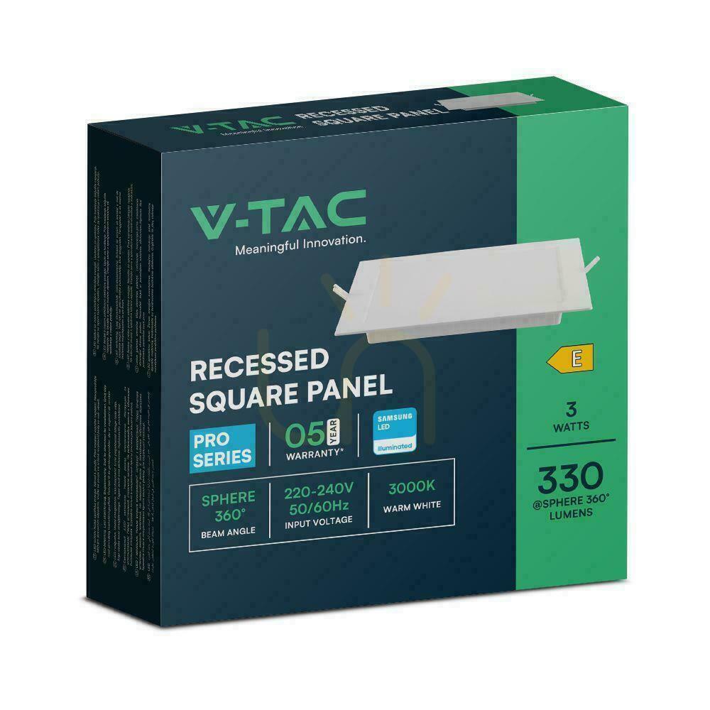 Visa V-TAC 3W LED SAMSUNG CHIP infälld panel fyrkantig 90x90mm VT-61003SQ-S 3000K 330lm V-TAC 3W LED SAMSUNG CHIP infälld panel fyrkantig 90x90mm VT-61003SQ-S 3000K 330lm