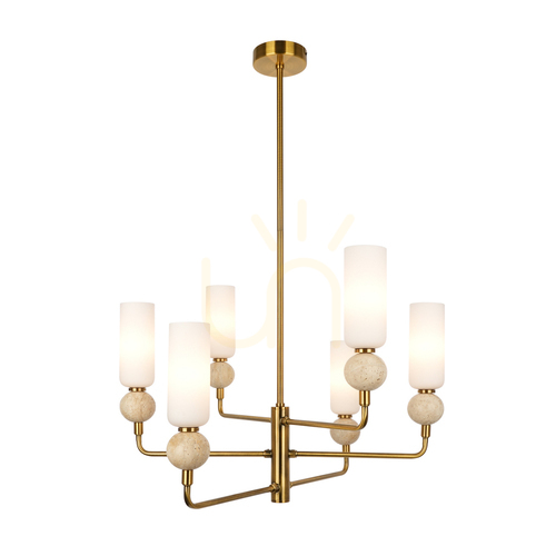 Kontrollera Italux Santos pendellampa med 6 × G9, guld/beige, Ø55 cm, PND-95331-6-BRSS