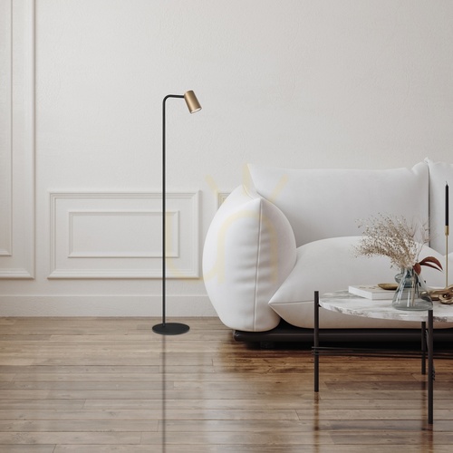 Kontrollera Mantra SAL 8493 golvlampa i guld och svart, 1×GU10, 123,5 cm