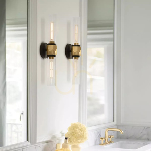 Kontrollera Vägglampa Ellison IP44 - 2 ljuskällor - svart och mässing Heritage Brass Elstead