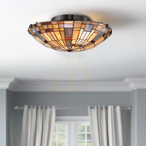 Kontrollera Inglenook plafond - 2 ljuskällor - Valiant brons, skärm i konstglas Elstead