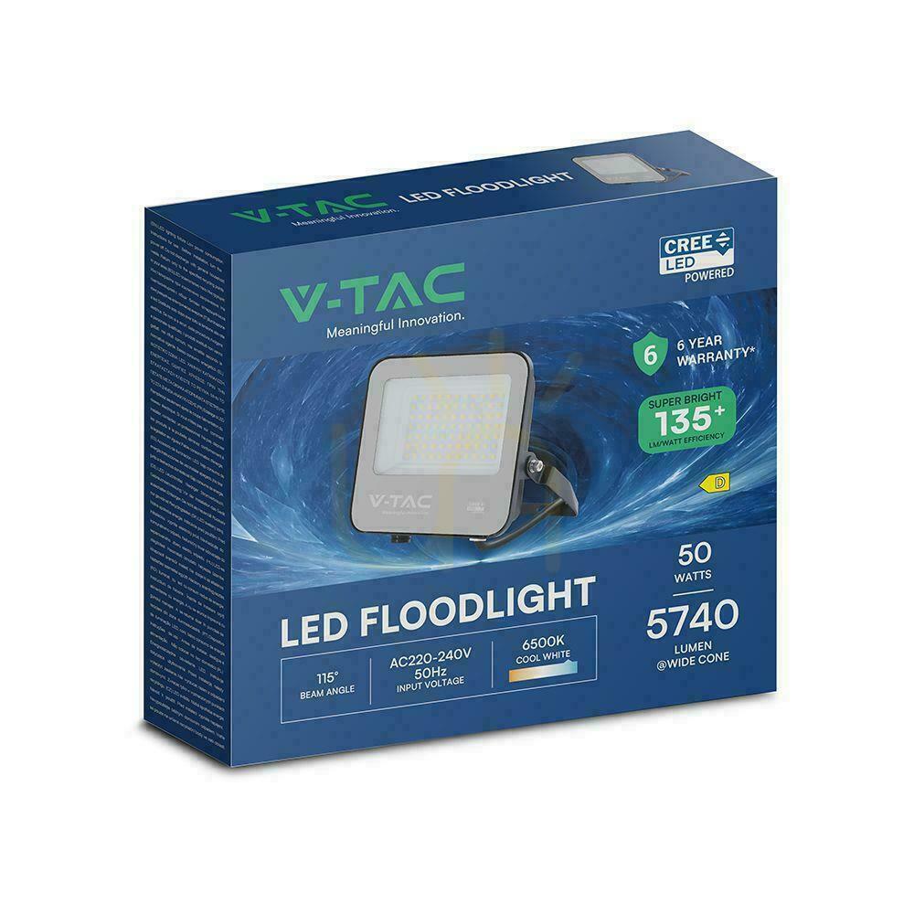 Visa V-TAC CREE CHIP 50W LED-projektor 135lm/W svart IP65-hus VT-4455 6500K 6750lm 6 års garanti V-TAC CREE CHIP 50W LED-projektor 135lm/W svart IP65-hus VT-4455 6500K 6750lm 6 års garanti
