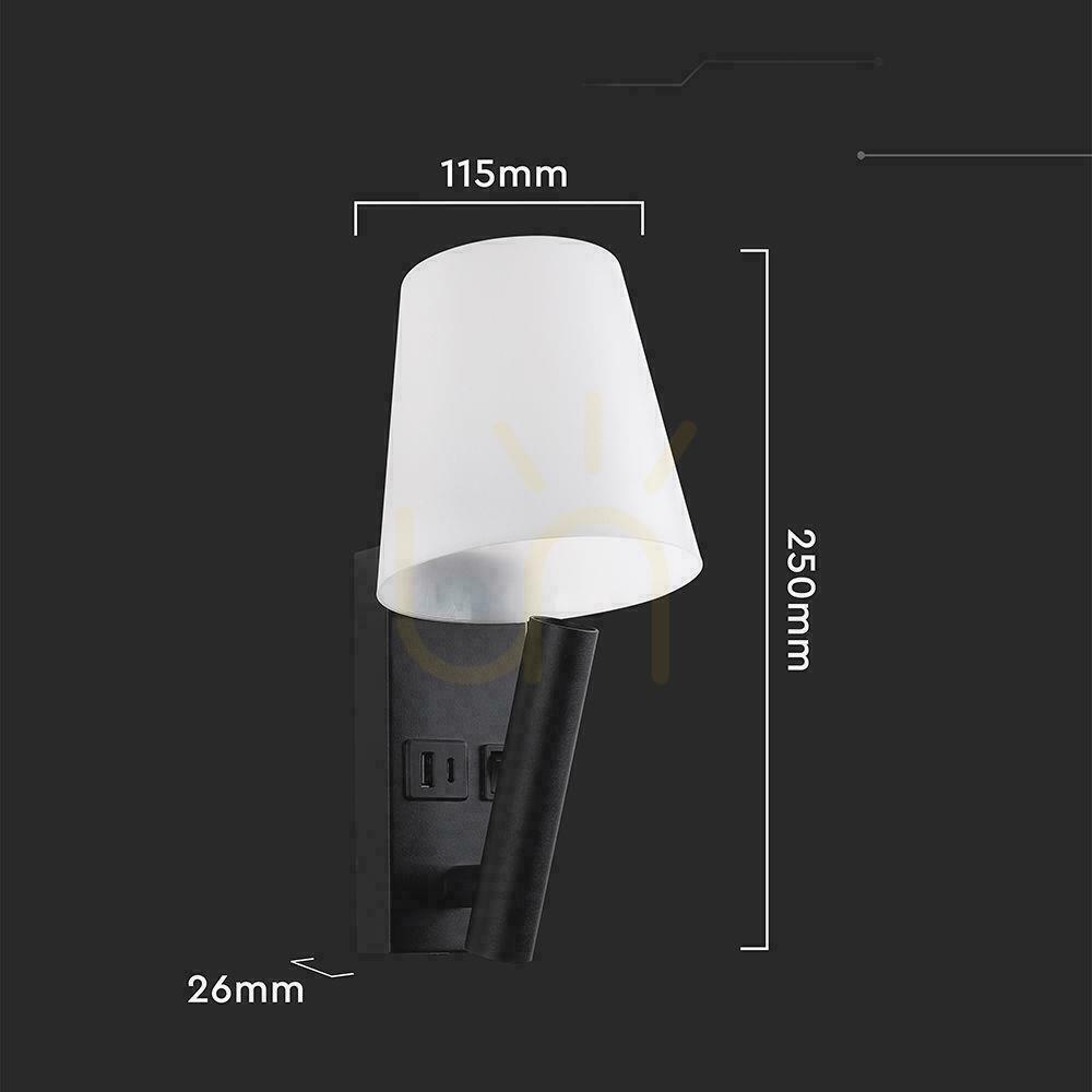 Utsikt LED-armatur V-TAC 2W COB CREE vägglampa svart hotell säng USB+USB C diffusor VT-88062-B 3000K 60lm LED-armatur V-TAC 2W COB CREE vägglampa svart hotell säng USB+USB C diffusor VT-88062-B 3000K 60lm