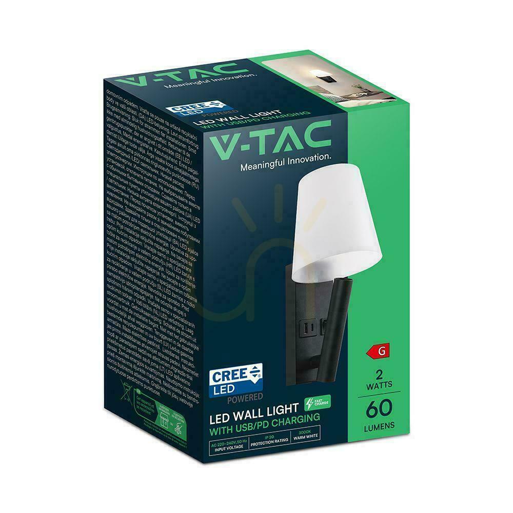 Förhandsvisning LED-armatur V-TAC 2W COB CREE vägglampa svart hotell säng USB+USB C diffusor VT-88062-B 3000K 60lm LED-armatur V-TAC 2W COB CREE vägglampa svart hotell säng USB+USB C diffusor VT-88062-B 3000K 60lm